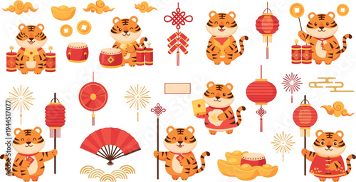 Chinese New Year Tiger Character Collection with Lanterns, Gold Ingots, Firecrackers, Fans, and Lunar Festival Decorative Elements Vector Set