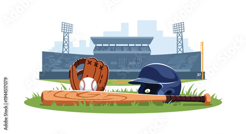 Modern vector illustration of baseball helmet bat and ball placed on grass field before competitive match