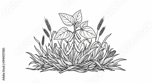 Black and white illustration of soybean, wheat, and corn crops on white background