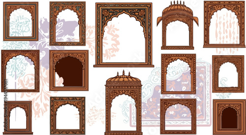 Ornate architectural frames with arched doorways and decorative patterns