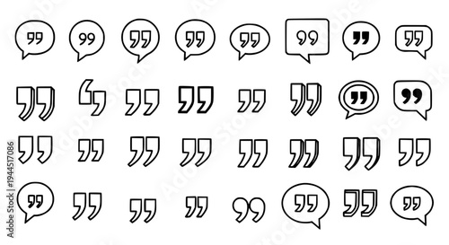 Quotation mark set with various line styles and speech bubbles for citation featuring quotes, typography, punctuation