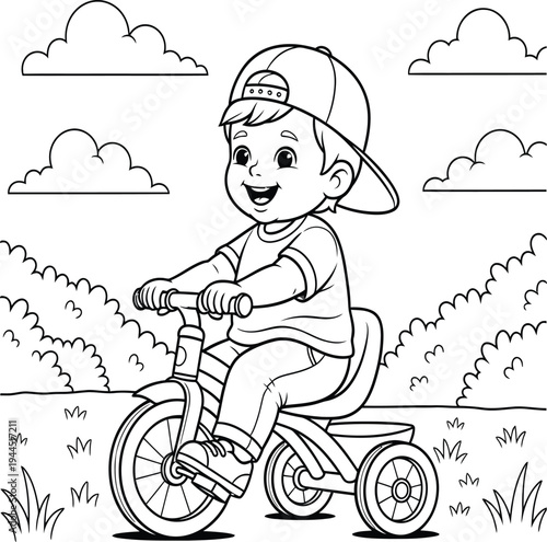 Coloring page of happy child riding tricycle in park