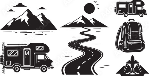 Camping and travel icons in black and white style