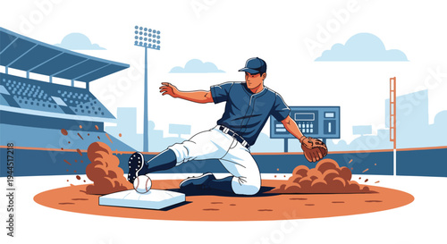 Modern vector illustration of baseball player sliding into base during competitive match, dynamic sports action on infield dirt