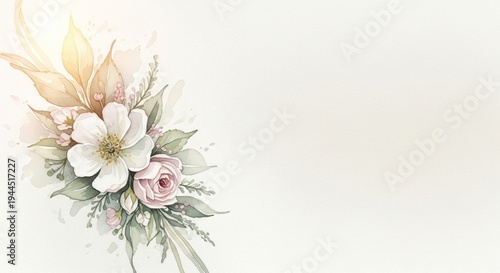 Floral arrangement with soft colors and delicate details on white background, watercolor, copy space  