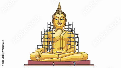 Golden Buddha statue under construction, surrounded by scaffolding