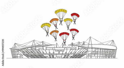 Several colorful parachutists descend above a sketched sports stadium