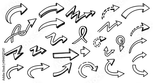 Arrows hand drawn set with black curved lines and various pointed tips. featuring vector, illustration, icons with