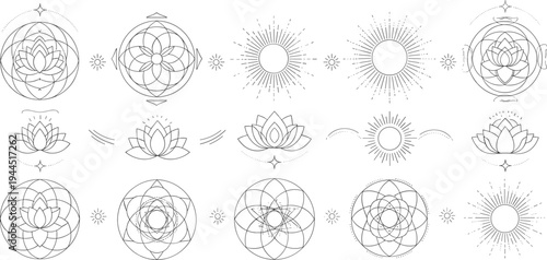 Sacred Lotus Mandala Symbol Collection with Spiritual Geometry, Sun Rays, Mystic Meditation Icons, and Decorative Line Art Vector Set
