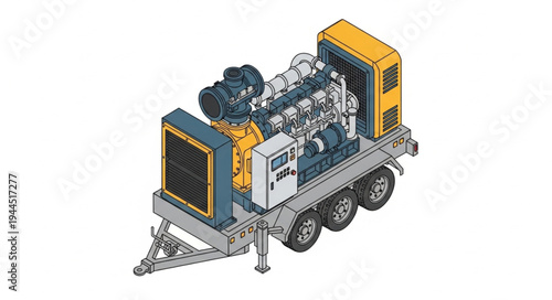 Industrial mobile generator unit with diesel engine and trailer for power generation.