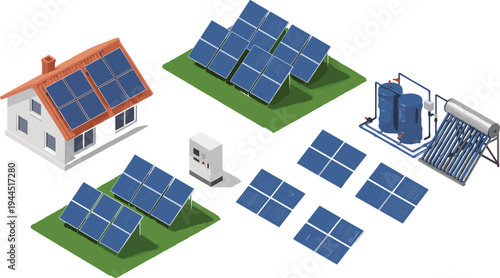 Residential solar energy system with rooftop panels, ground-mounted arrays, inverter, and solar water heating integration for sustainable renewable power solutions at home