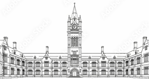 Ornate Gothic-style university building with a central clock tower and symmetrical wings
