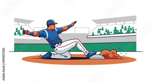 Modern vector illustration of baseball player sliding into base during competitive match, dynamic sports action on infield dirt