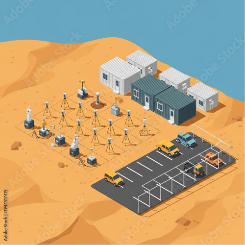 Isometric view of a desert research station with modular buildings, vehicles, and scientific equipment.