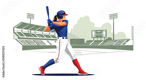 Modern vector illustration of female baseball player batting confidently in stadium, empowering sports equality concept