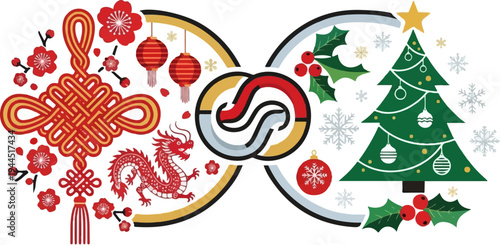 Festive fusion Chinese dragon, knot, and Christmas tree with snowflakes