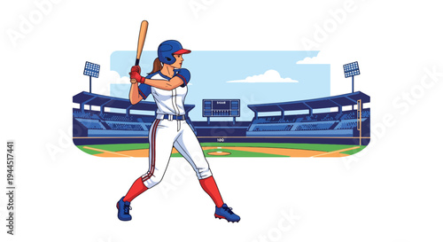 Modern vector illustration of female baseball player batting confidently in stadium, empowering sports equality concept