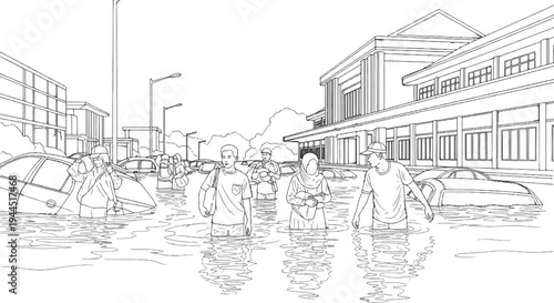 People wading through flooded city streets with submerged cars and buildings