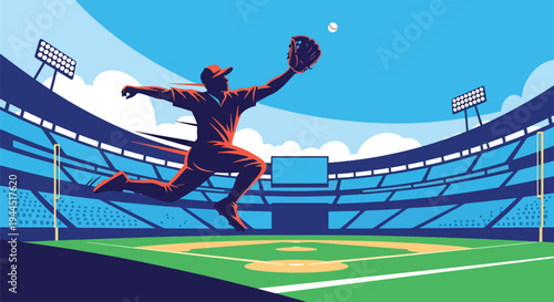 Modern vector illustration of baseball player catching fly ball mid air during competitive outfield action