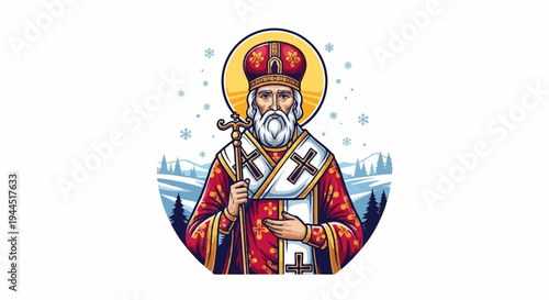 Saint Nicholas figure in festive red attire, holding a staff, in a winter landscape