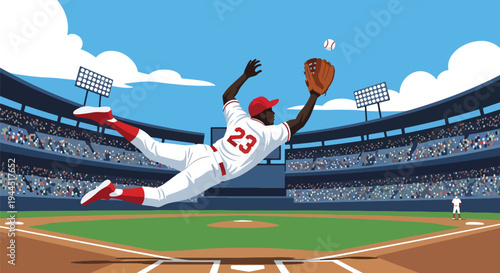 Modern vector illustration of baseball player catching fly ball mid air during competitive outfield action