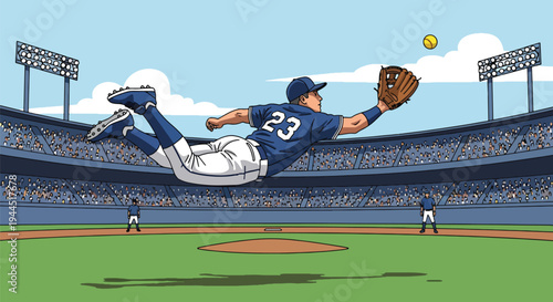 Modern vector illustration of baseball player catching fly ball mid air during competitive outfield action