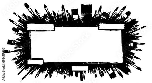 Brushes border frame with black paintbrushes and white highlights on rectangle featuring artistic, creative, design