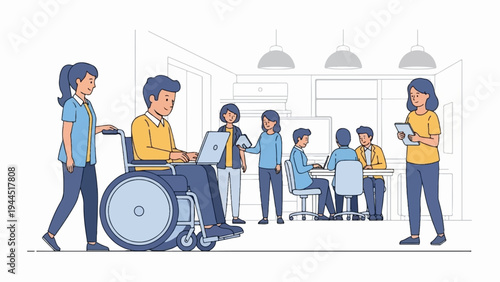 Diverse team collaborates in a modern office setting, promoting inclusion