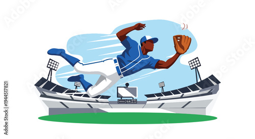 Modern vector illustration of baseball player catching fly ball mid air during competitive outfield action