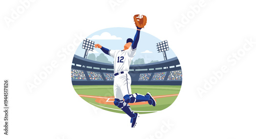 Modern vector illustration of baseball player catching fly ball mid air during competitive outfield action