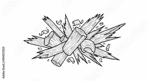Detailed illustration of splintered wood logs and shavings in black and white