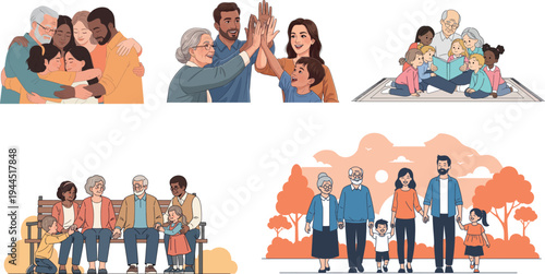Diverse Multi-generational Family Collection: Grandparents, Parents, and Children Bonding Illustrations.