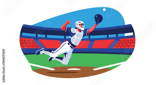 Modern vector illustration of baseball player catching fly ball mid air during competitive outfield action