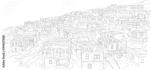 Stylized line drawing of a dense, hilly settlement with many buildings