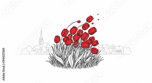 Red tulips sway in a breeze before a sketchy village with a church