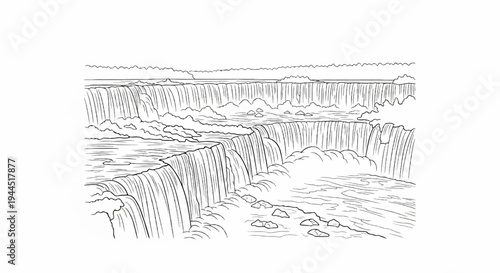 Detailed line art sketch of a powerful, multi-tiered waterfall cascading downwards with mist