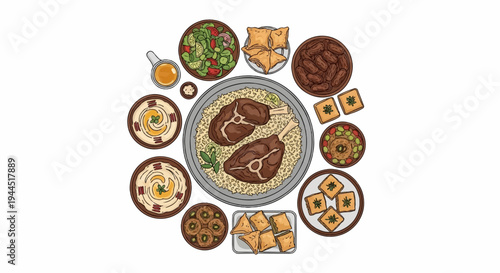Overhead view of a spread of diverse Middle Eastern cuisine, rich in flavor and texture