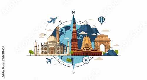 Diverse Indian landmarks surrounded by a globe, compass, and travel icons
