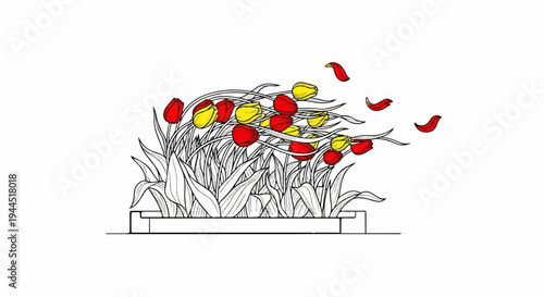 Red and yellow tulips in a planter sway in the wind, losing petals