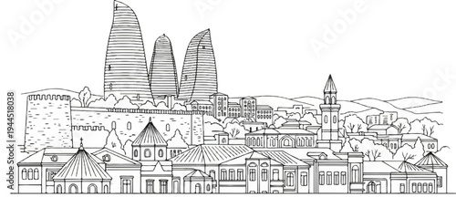 Distinctive flame-shaped skyscrapers dominate this city skyline