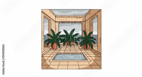 Pixelated interior atrium with potted plants and falling rain