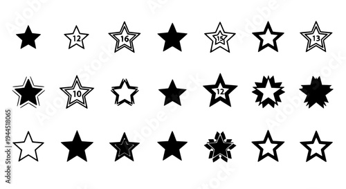 Stars black set with various shapes and line styles, isolated on white background featuring star, star collection,