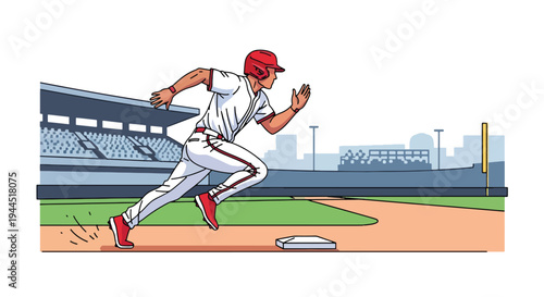 Modern vector illustration of baseball player running between bases during fast paced competitive match