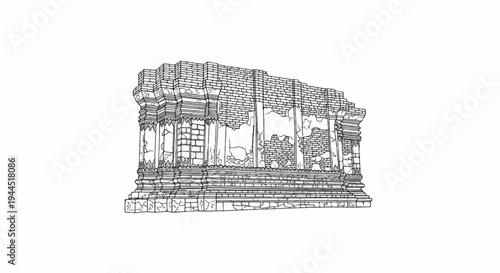 Ornate, weathered stone structure with layered brickwork and ornate pillars