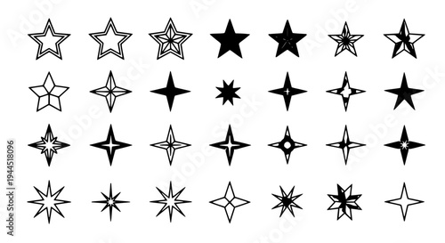 Stars decorative line art and solid shapes vector set with diverse styles and points for graphic design elements