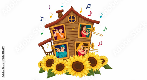 Cartoon house band plays music among sunflowers with musical notes
