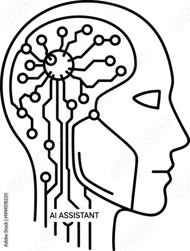Artificial intelligence assistant head with neural circuit brain, AI technology concept, digital machine learning outline vector illustration