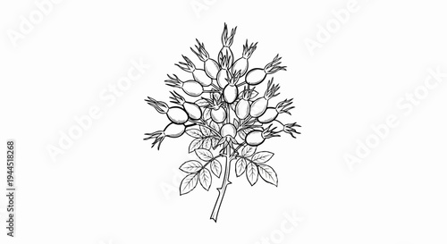 Detailed illustration of a branch laden with plump rose hips and serrated leaves