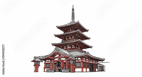 Ornate multi-tiered Japanese pagoda with red accents on white background