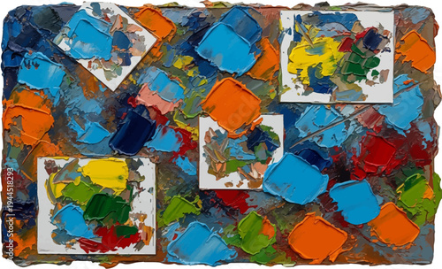 Textured abstract painting with thick impasto strokes and square insets